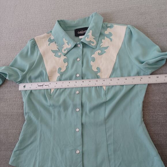 Collectif Western Shirt Womens M Embroidered Pearl Snap Retro Yoke Turquoise - Picture 7 of 11